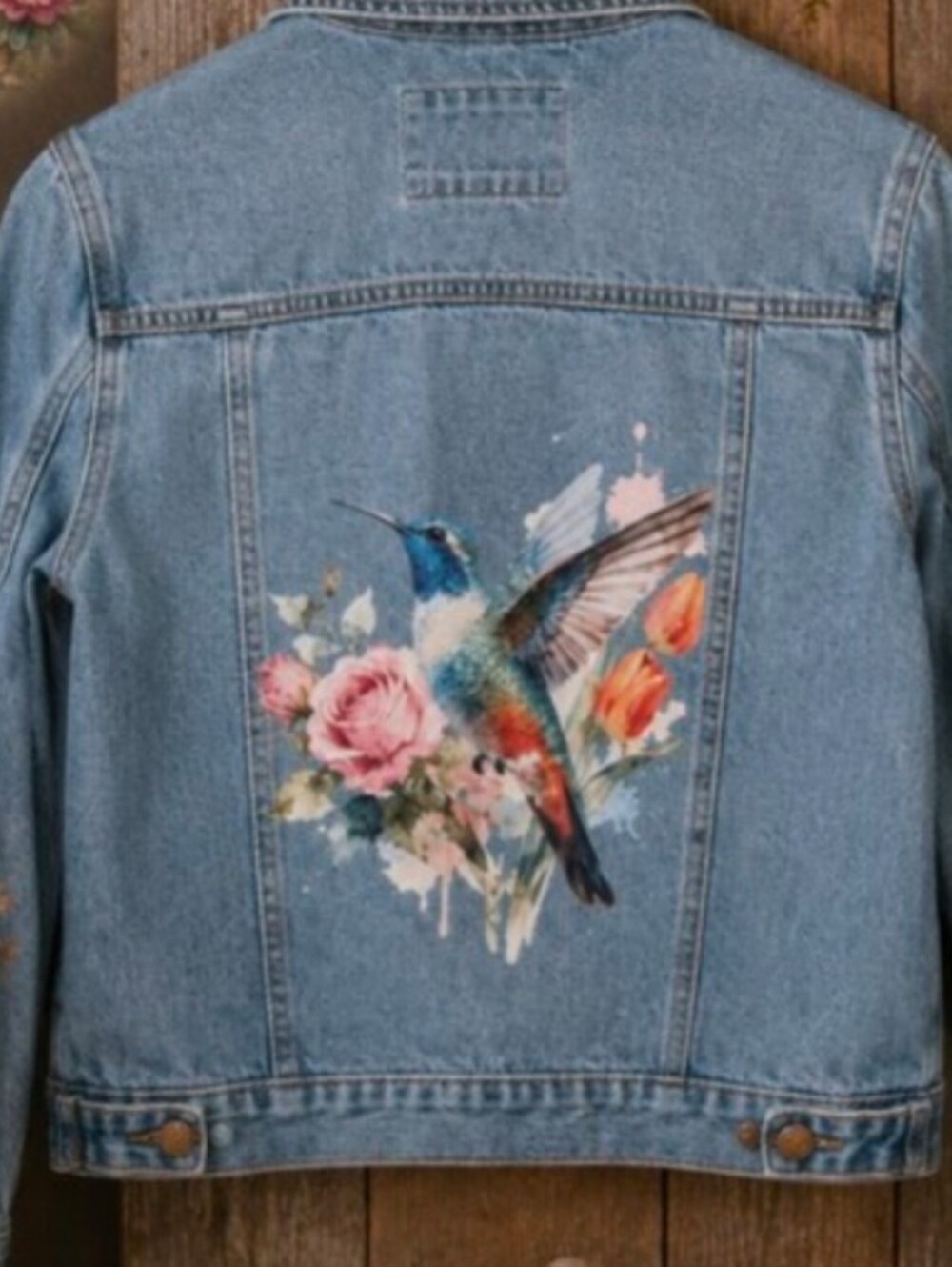 UpCycled Forever 21 | Medium Jean Jacket | Floral Hummingbird